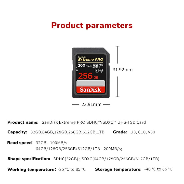 SanDisk Extreme PRO UHS-I Card 64GB 128GB 256GB 512GB 1TB Up to 200MB/s SD Card 32GB Up to 100MB/s Flash Memory Card for Camera