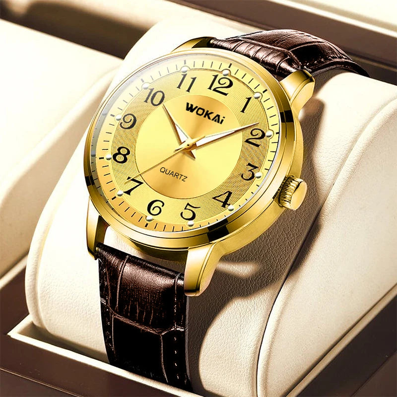 WOKAI high quality fashion casual yellow gold men's leather belt quartz watch men's business sports digital clock retro