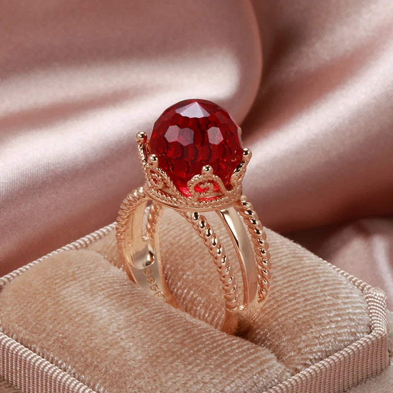 New Unusual 585 Rose Gold Crown Ring for Women Cut Emeral Ball Natural Zircon Ring Elegant Party Wedding Fine Jewelry
