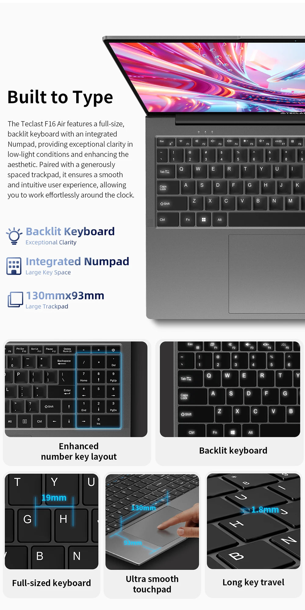 TECLAST F16 Air Laptop 16 inch Backlit Keyboard 180 Degree Flip 16GB RAM ROM 512GB 1920x1200 IPS fits Intel N95 CPU Support Mini-HDMI