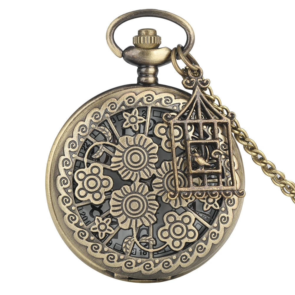 Bronze Butterfly and Flower Retro Style Necklace Pocket Watch Chain Steampunk Pendant Quartz Fob Watch Clock with Accessory 2020