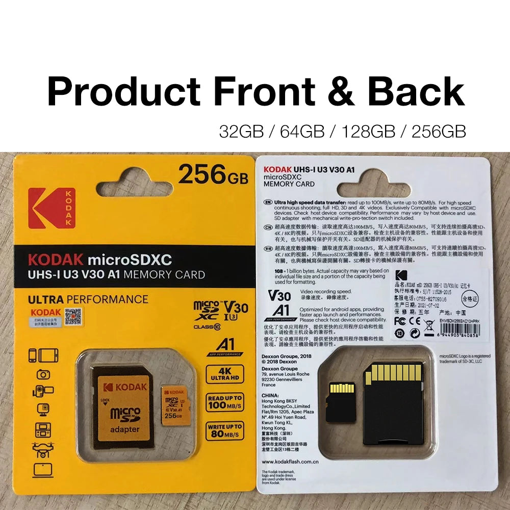 Original Kodak Micro SD Card 256GB 128GB 64GB 256GB 32GB High Speed Memory Card U3 A1 V30 Class 10 SD TF Card For adapter