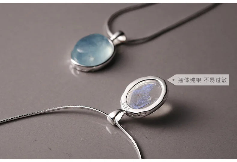 CHOZON S925 Sterling Silver Natural Moonstone Aquamarine Necklace New Product Unique Design Oval Natural Stone Snake Bone Chain