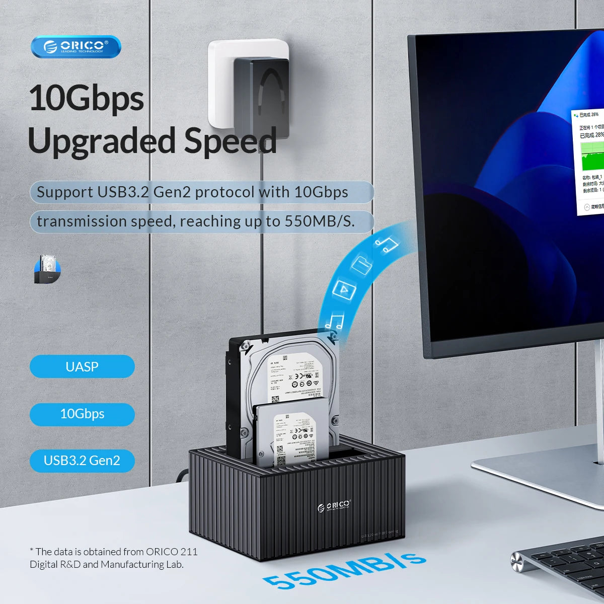 ORICO 3.5 Inch Dual-bay Type-C 5Gbps Hard Drive Docking Station for 2.5/3.5" HDD/SSD with 12V3A Power UASP Container Design