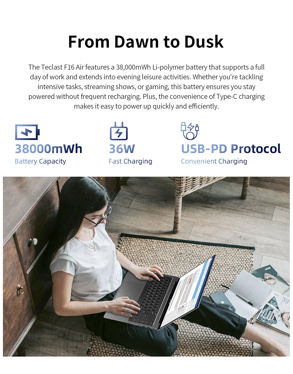 TECLAST F16 Air Laptop 16 inch Backlit Keyboard 180 Degree Flip 16GB RAM ROM 512GB 1920x1200 IPS fits Intel N95 CPU Support Mini-HDMI