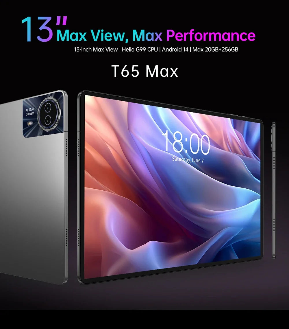 Teclast T65MAX Tablet MTK G99 Octa-Core 13inch FHD 1920x1200IPS 8GB RAM 256GB ROM Android 14 10000mAh 13MP+8MP WIFI2.4G+5G BT5.2
