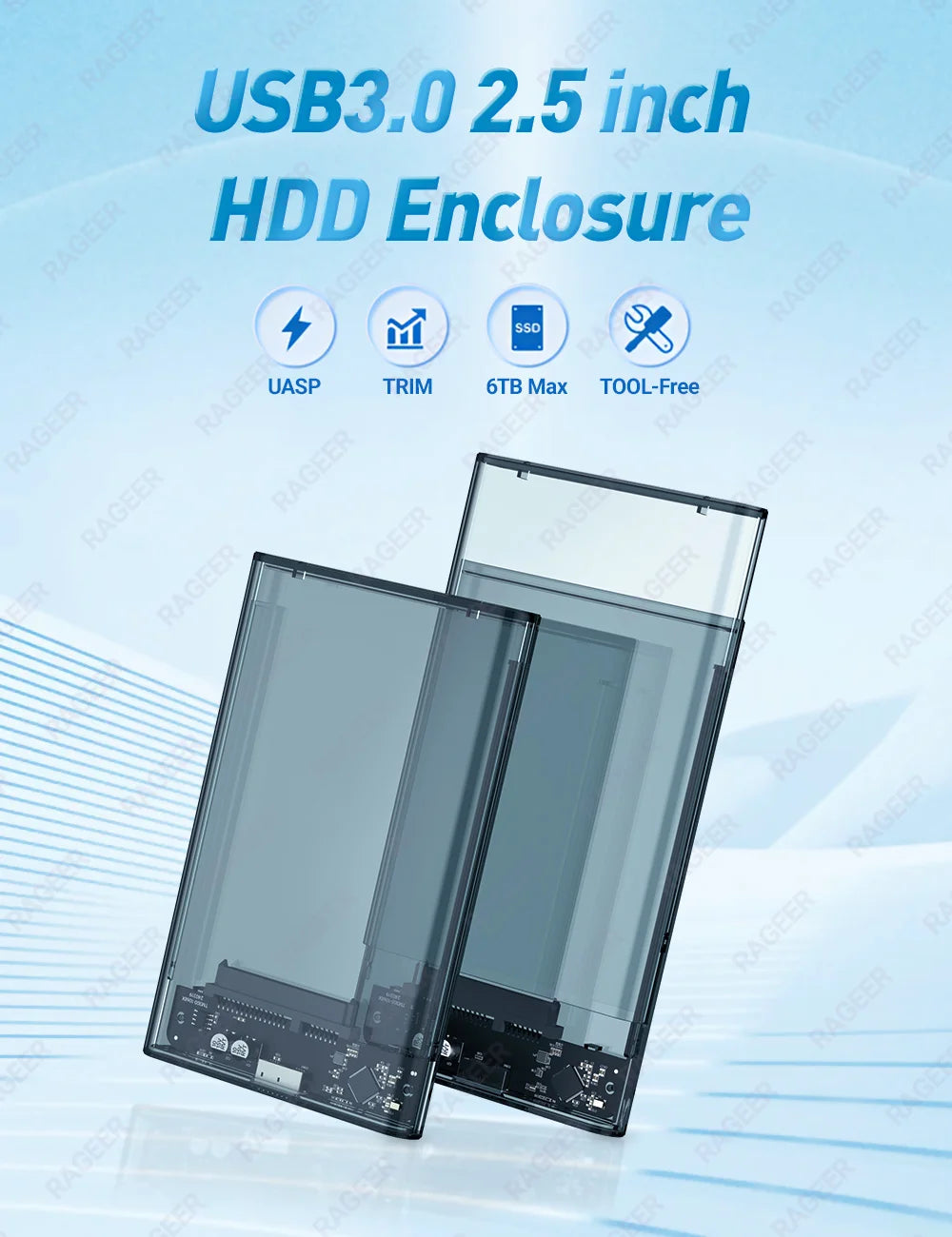 RAGEER Tool-Free Transparent Gray 2.5'' External Hard Drive Enclosure USB to SATA III 5Gbps HDD Case for 7mm/9.5mm Drives w/UASP
