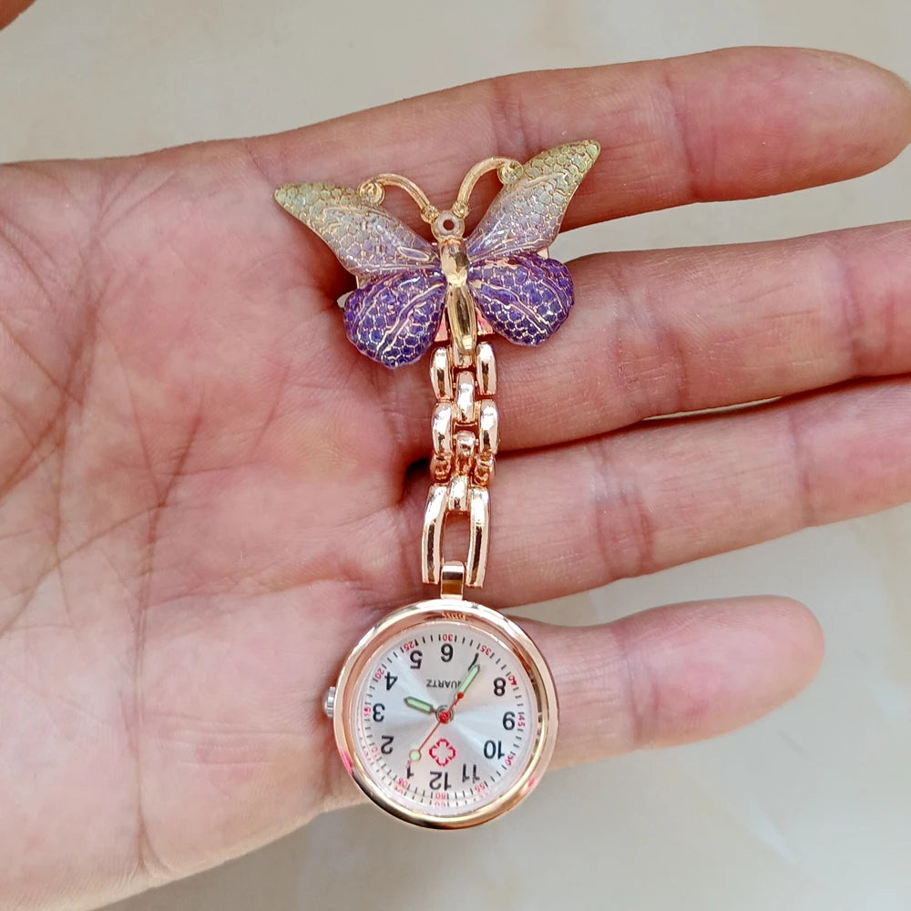 Colourful Resin Butterfly Rose Gold Alloy Small Pins Pocket Watches Nurse Doctor Hospital Medial Transparent Gift Watches Clock