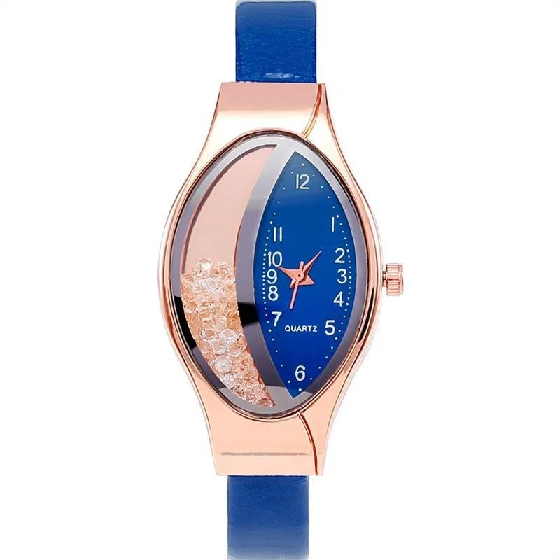 Elegant Women Crystal Oval Dial Quartz Wrist Watches Lady Leather Strap  Casual Watch Gift