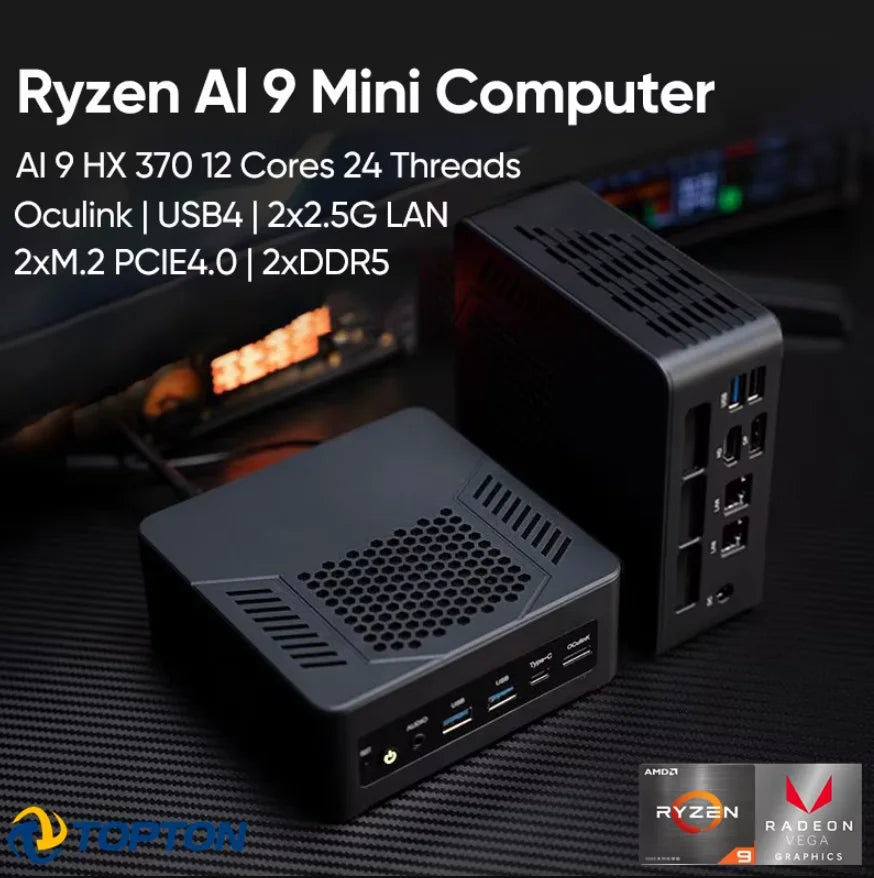 TOPC Mini PC AMD Ryzen AI 9 HX 370/365/7 PRO 360 Gaming Computer, OCuLink & USB4.0, 2x DDR5/2x PCIe4.0, Windows 11 Pro, WiFi6