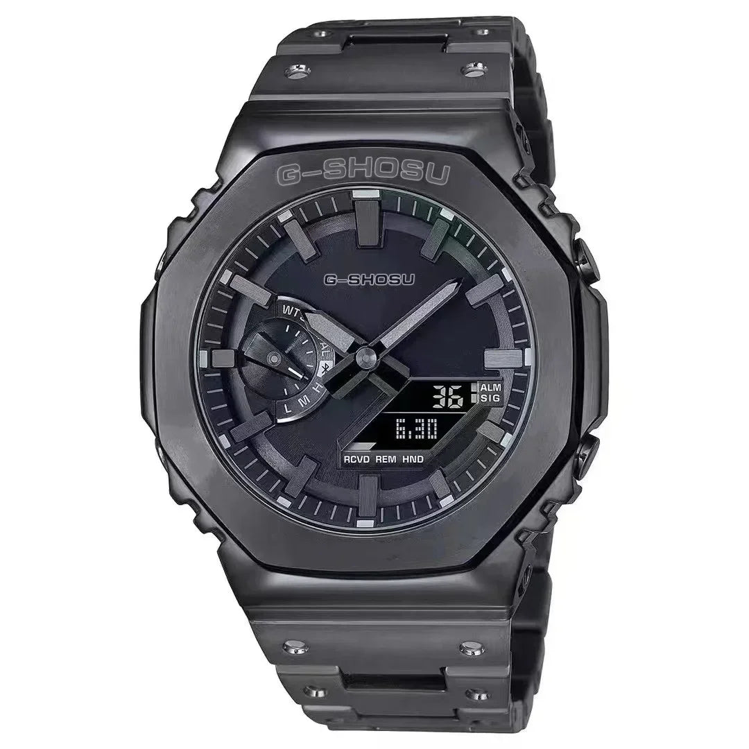 Electronic Digital Sports Unisex Watch Full Function LED Alloy Large Dial World Time Steel Strap GMB Oak Series