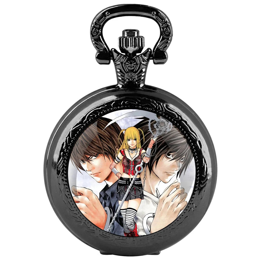 Death Note Design Black Quartz Pocket Watch Gift Set with Durable Chain and Arabic Numeral Face Timeless Present for Boy