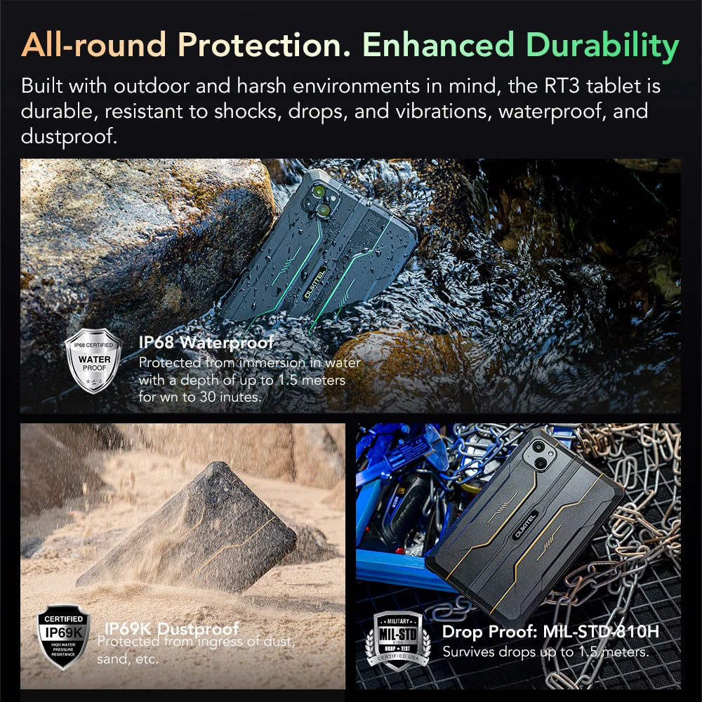 Oukitel RT3 Rugged Tablet 8 Inch HD+ 5150 mAh 4GB+64GB Android 12 Mtk Helio P22 16MP Camera Pad