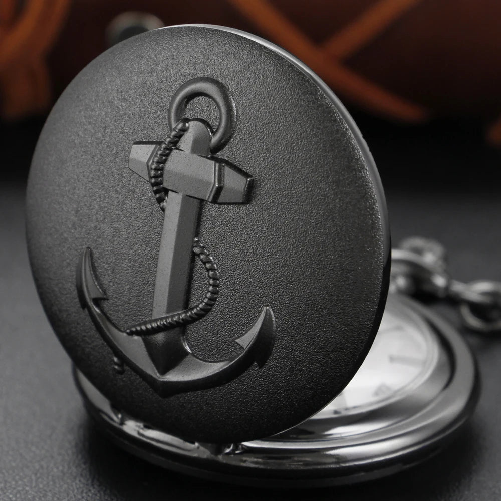 Exquisite Ship Anchor Rudder Pattern Roman Numerals Quartz Pocket Watch Men's Black Fob Chain Accessory Clock Necklace Gift