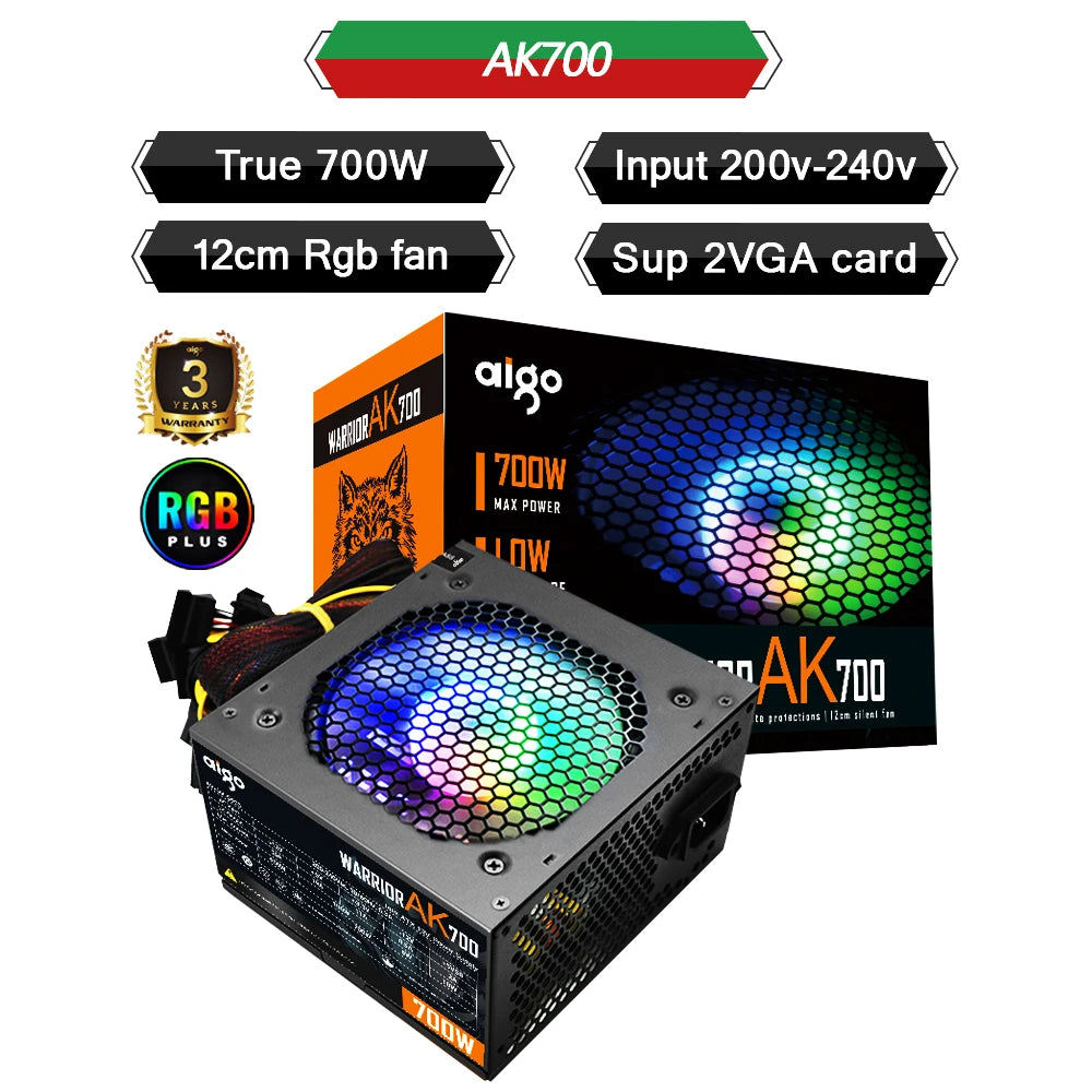 Aigo AK 500W 600W 700W PC PSU Power Supply Unit Gaming Quiet 120mm RGB Fan 220V ATX Desktop computer Power Supply for 7800x3d