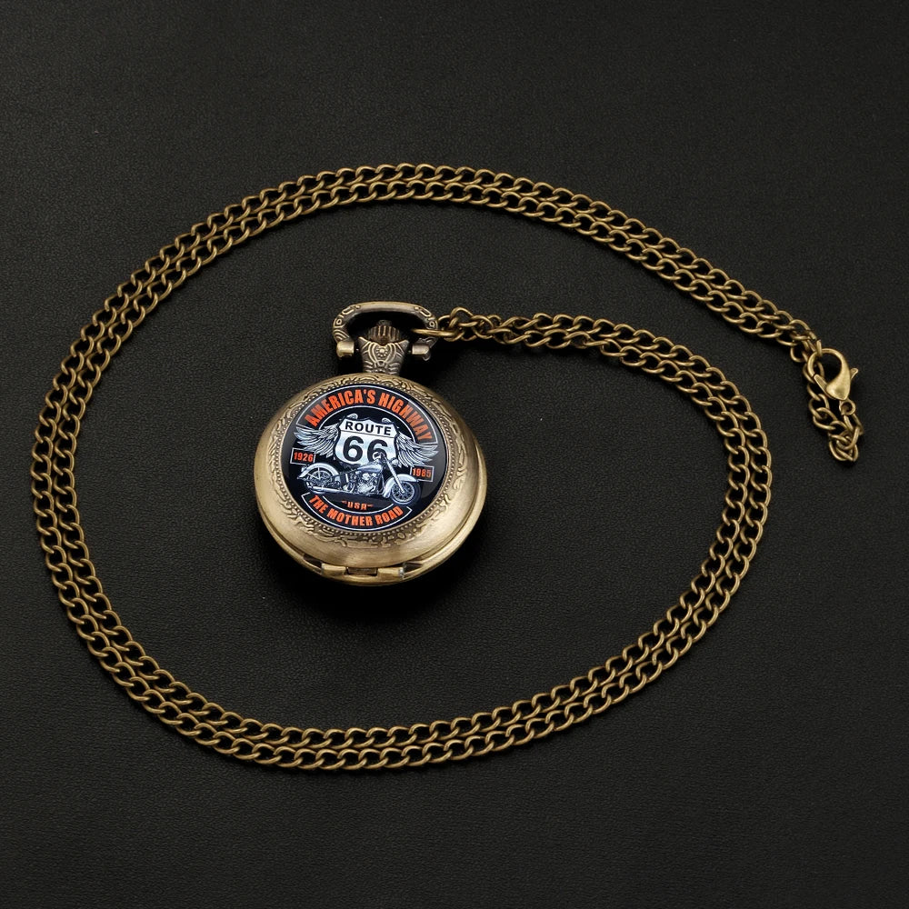 ROUTE 66 Glass Dome Black Quartz Pocket Watch with Arabic Numerals Dial and Durable Chain Gift for Men Women