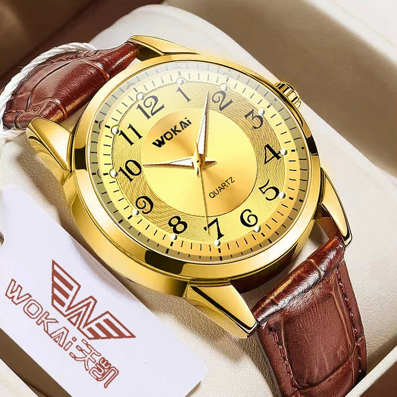 WOKAI high quality fashion casual yellow gold men's leather belt quartz watch men's business sports digital clock retro
