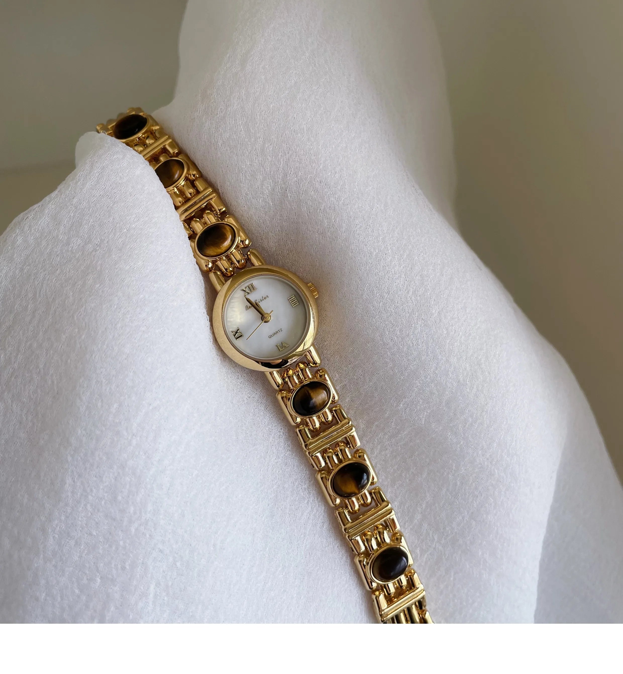 NEW Elegant Retro Watch Women Natural Brown Gemstone Jade Waterproof Round Dial Quartz Watch Female Bracelet Accessories Gift