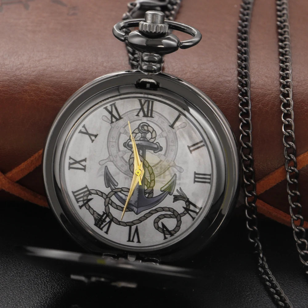 Exquisite Ship Anchor Rudder Pattern Roman Numerals Quartz Pocket Watch Men's Black Fob Chain Accessory Clock Necklace Gift