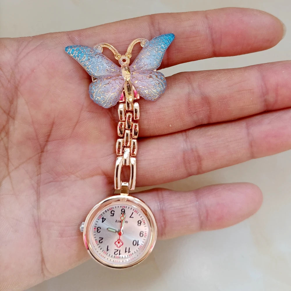Colourful Resin Butterfly Rose Gold Alloy Small Pins Pocket Watches Nurse Doctor Hospital Medial Transparent Gift Watches Clock