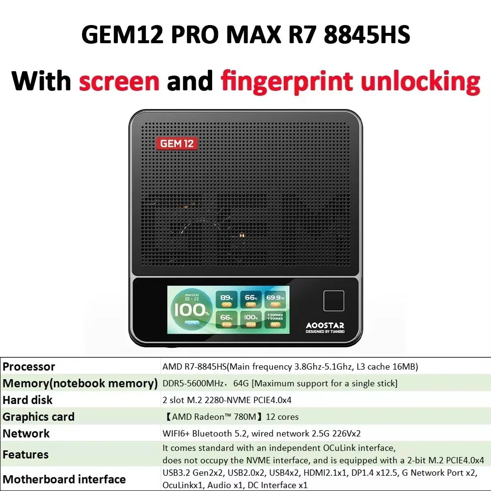 AOOSTAR GEM12+ Mini PC AMD Ryzen 7 PRO 8845HS 5.1GHz 32GB DDR5 1TB SSD Radeon 780M WiFi6 BT5.2 USB4 HDMI2.1 Mini PC Windows 11