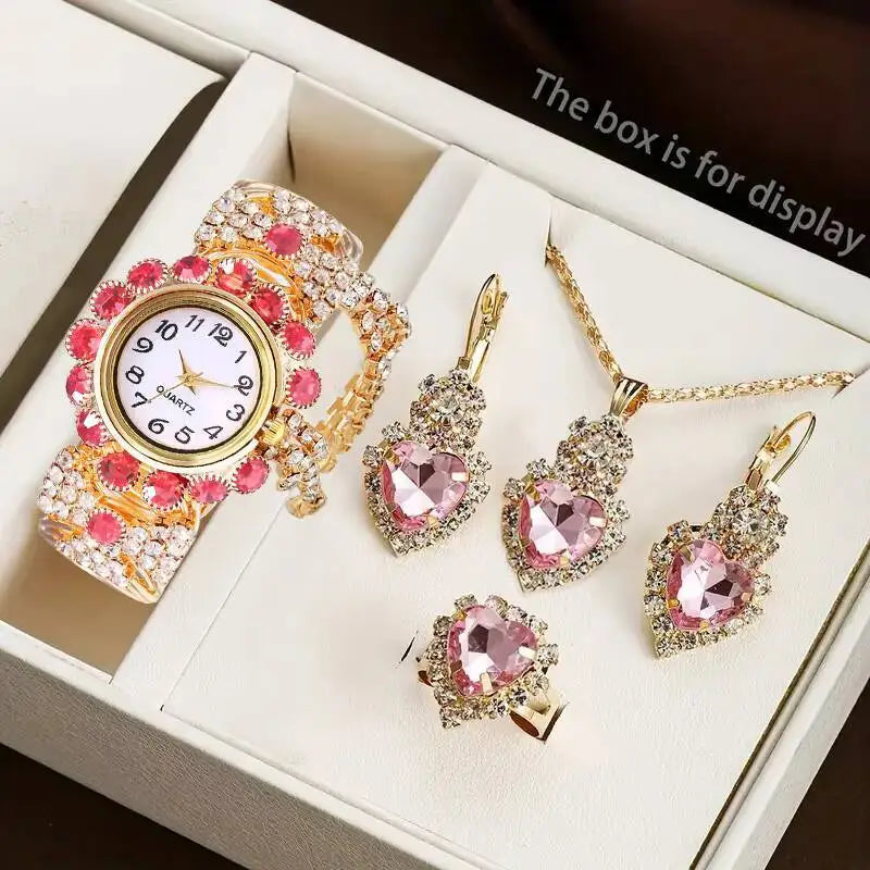 5PCS/Set Luxury Rhinestone Women Watches Fashion Adjustable Bangle Ladies Quartz Wristwatch Jewelry Set Reloj Mujer（Without Box）