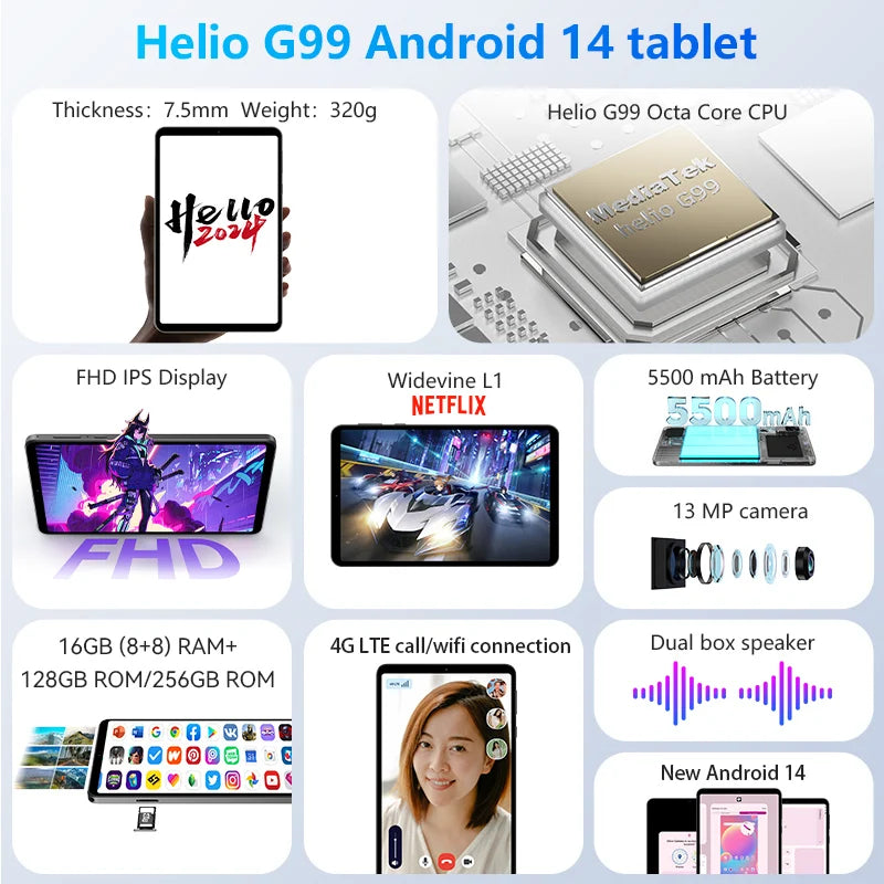 HEADWOLF FPad5/Pro Android 14 tablet 8.4 inch Max 16GB Ram 128GB/256GB ROM UFS2.1 Octa-core G99 Tablet PC Support WideVine L1