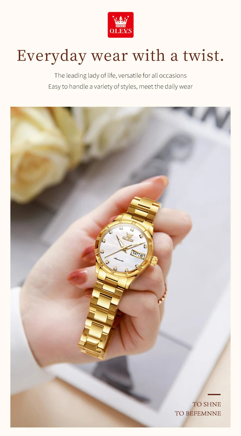 OLEVS 7030 Automatic Watch for Women Luxury Diamond Scale Waterproof Calendar Mechanical Woman Watch Original Ladies Wristwatch