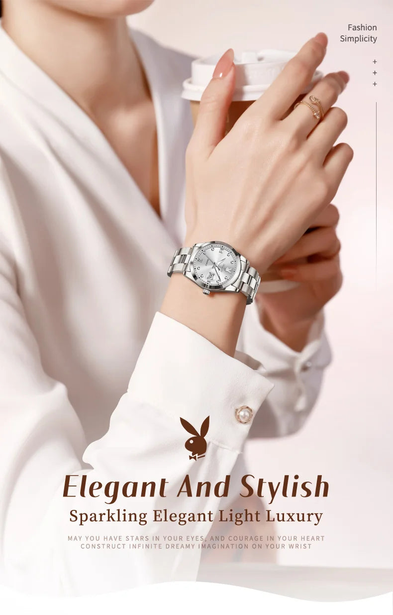 PLAYBOY New Original Luxury Women Watch Waterproof Calendar Luminous Stainless Steel Elegant Fashion Quartz Women's Wristwatch