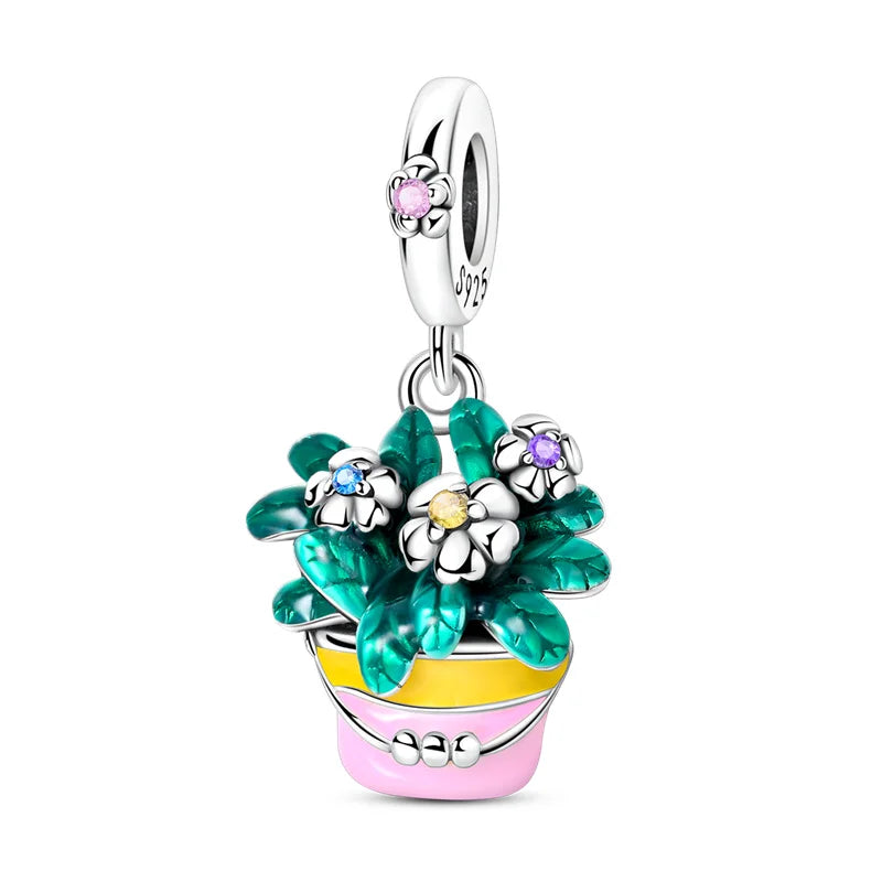 New 925 sterling silver pink green blue flower teapot and teacup bead pendant suitable for original charm bracelet