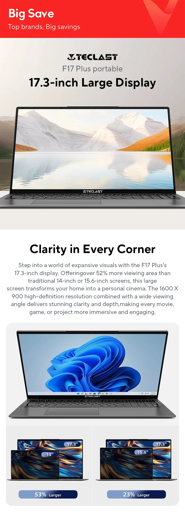 Teclast F17Plus 17.3 inch Laptop Intel N95 16GB RAM 512GB SSD Windows 11 Notebook 180° Flip Computer Backlit Keyboard mini-HDMI