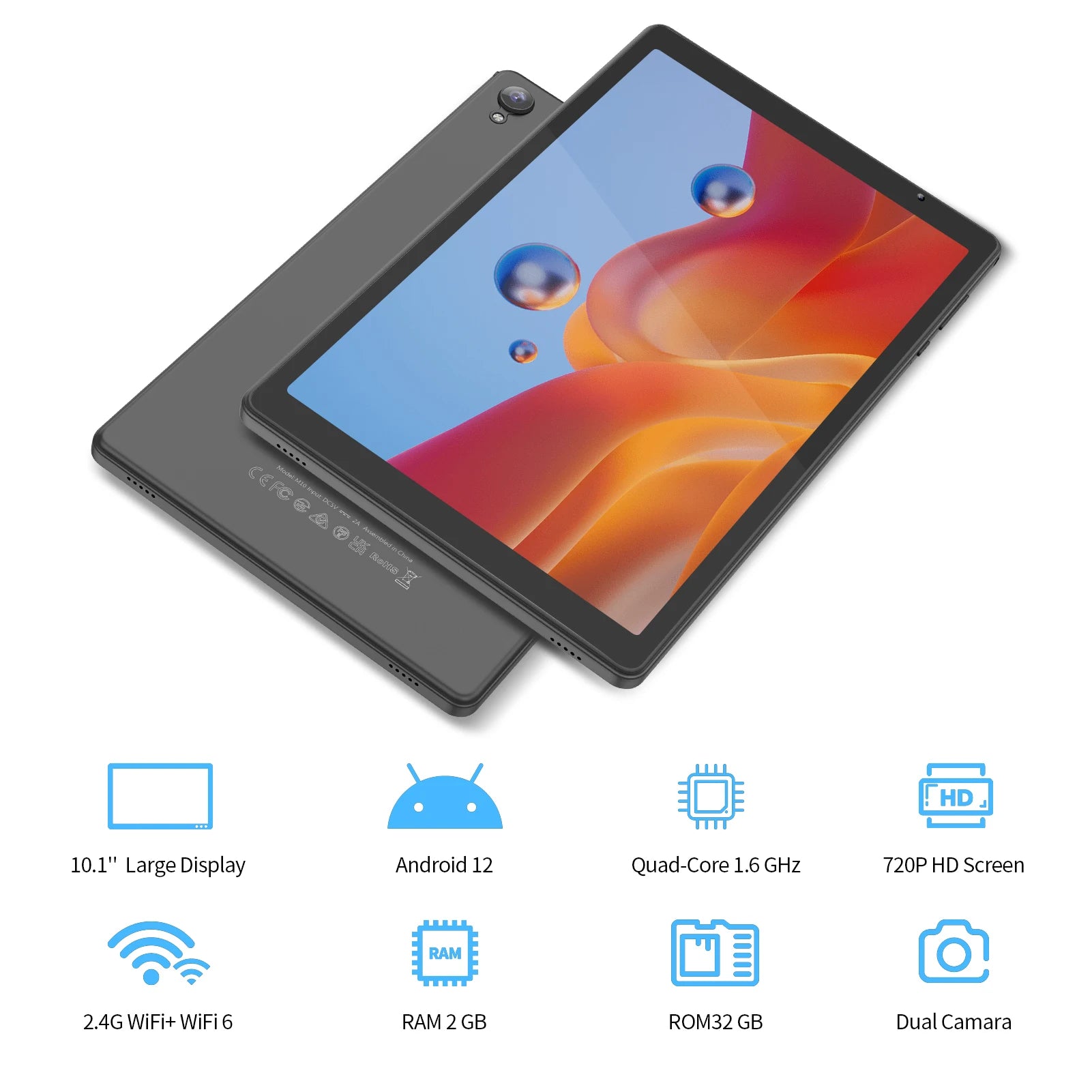 PRITOM Tablet 10 inch Android 12 32GB ROM 512GB Expand Tablets, 2GB RAM Wi-Fi 6 Tablet PC with 1.6GHz Quad Core CPU, 10.1 inch