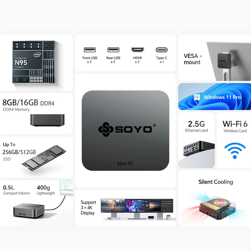 SOYO M2 Pro Portable Mini PC Intel N95 CPU DDR4 8/16GB RAM 256/512G M.2 SSD Windows11 WIFI6 DP for Desktop Office Computers