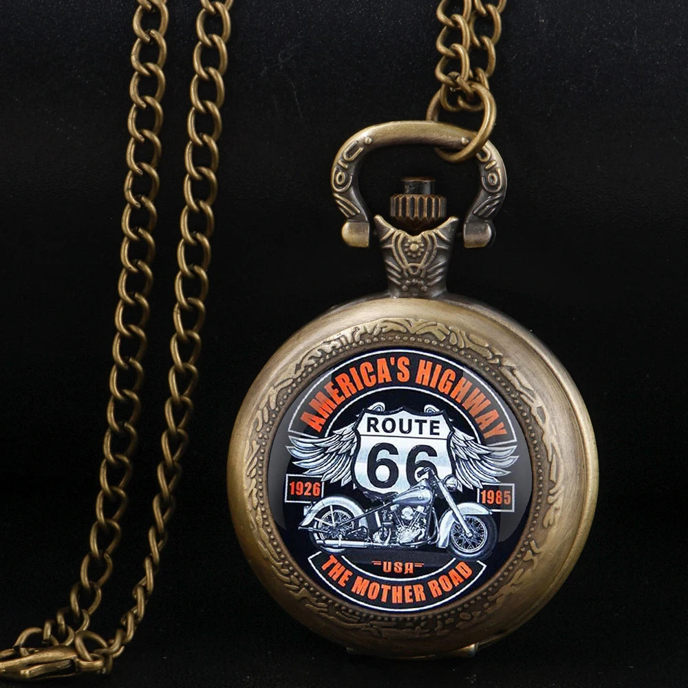 ROUTE 66 Glass Dome Black Quartz Pocket Watch with Arabic Numerals Dial and Durable Chain Gift for Men Women