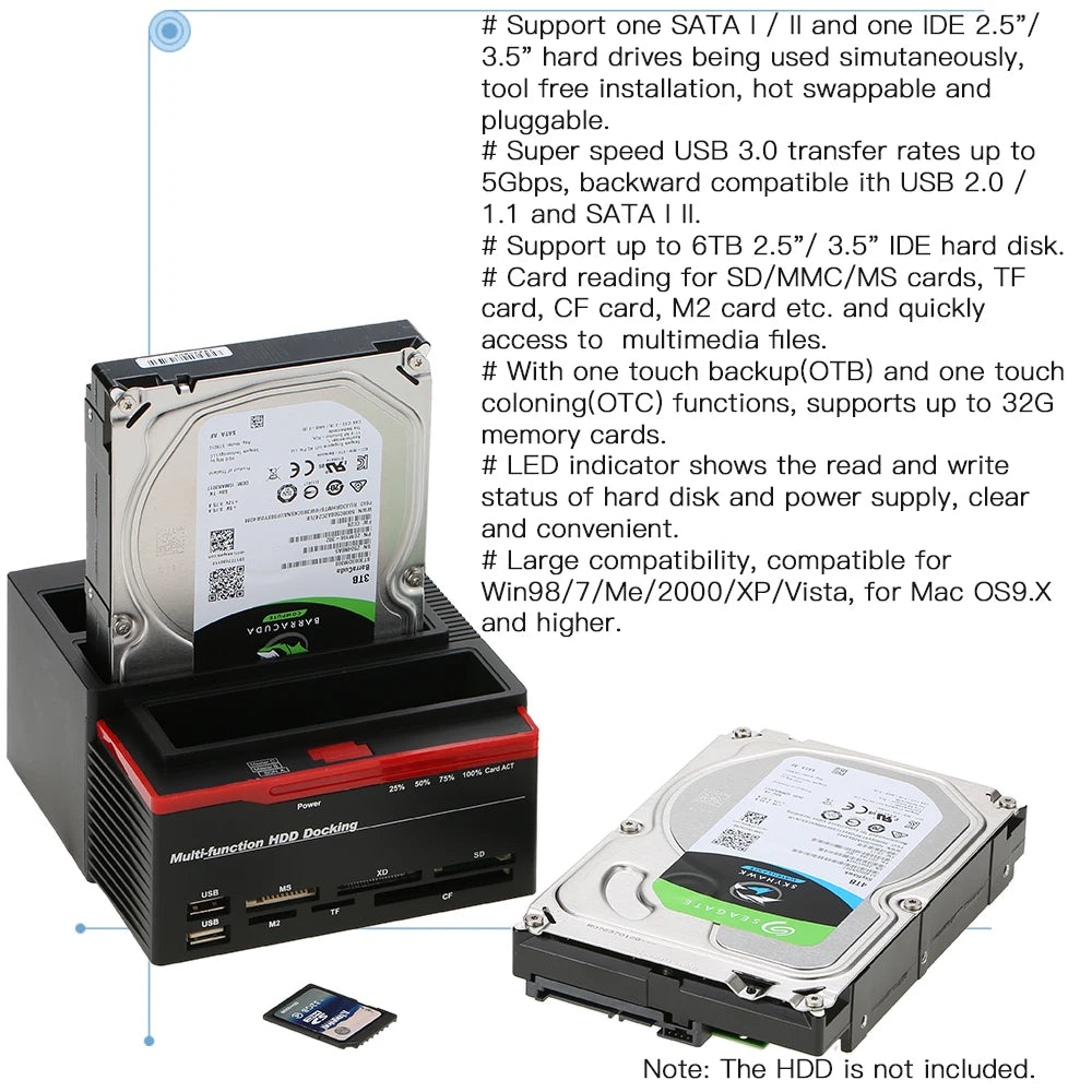 2.5/3.5" SATA IDE HDD Hard Drive Disk Docking Station External Adapter SATA to USB 3.0 Type C Hub MS/M2/XD/CF/SD/TF Card Reader
