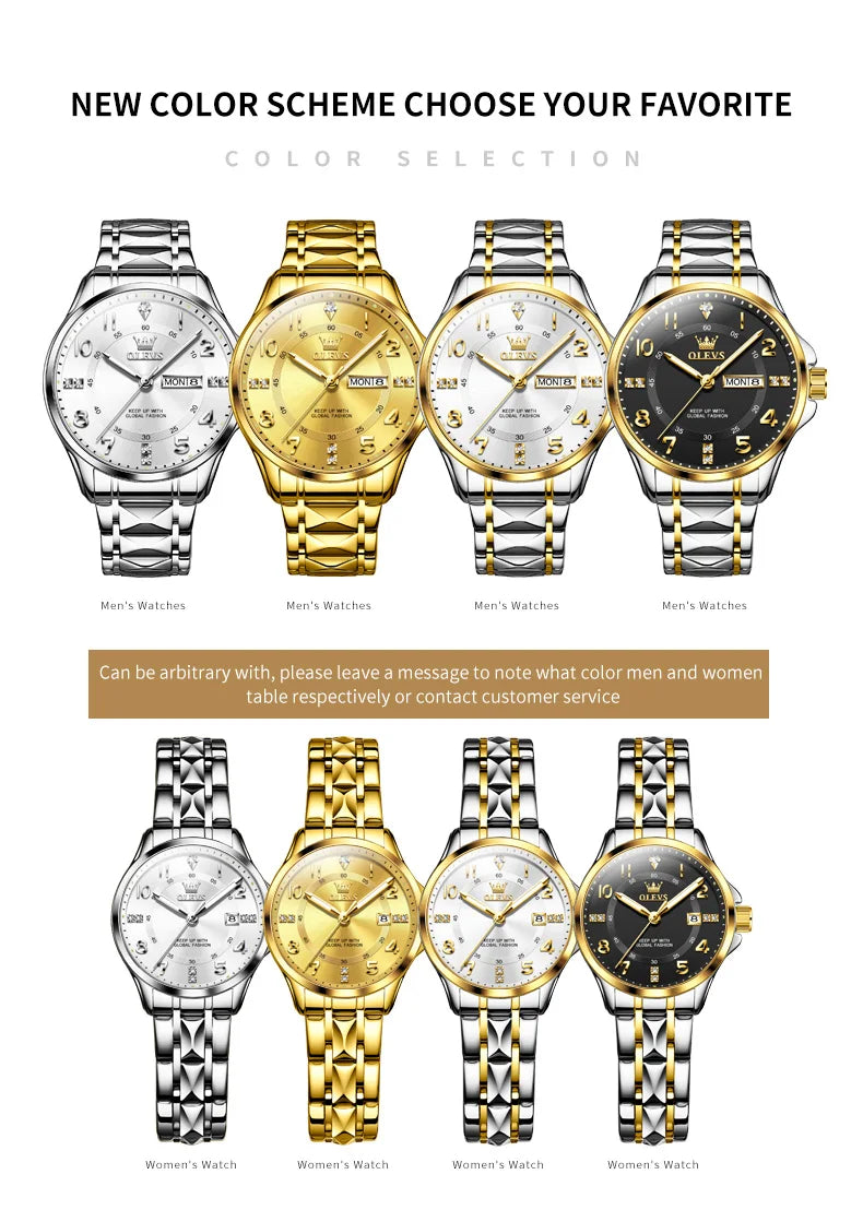 OLEVS 2910 Watch For Men Women Luxury Quartz Couple Watches Waterproof Stainless Steel Hand Clock Diamond Number Dial Wristwatch