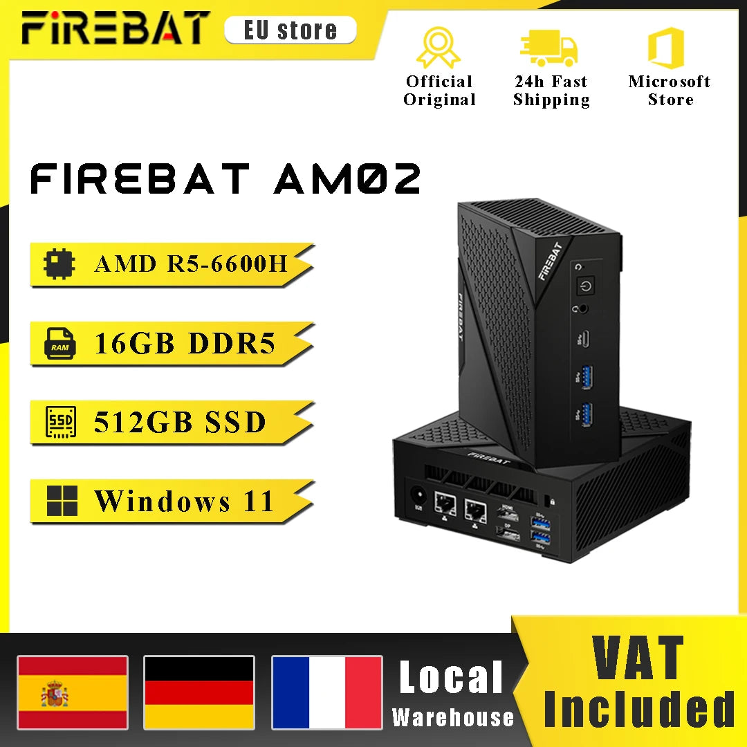 FIREBAT AM02 MINI-PC AMD Ryzen 5 6600H DDR5 16GB RAM 512GB 1TB SSD WIFI6 BT5.2 Portable Desktop MINI-PC Gaming Computer 4K@60hz