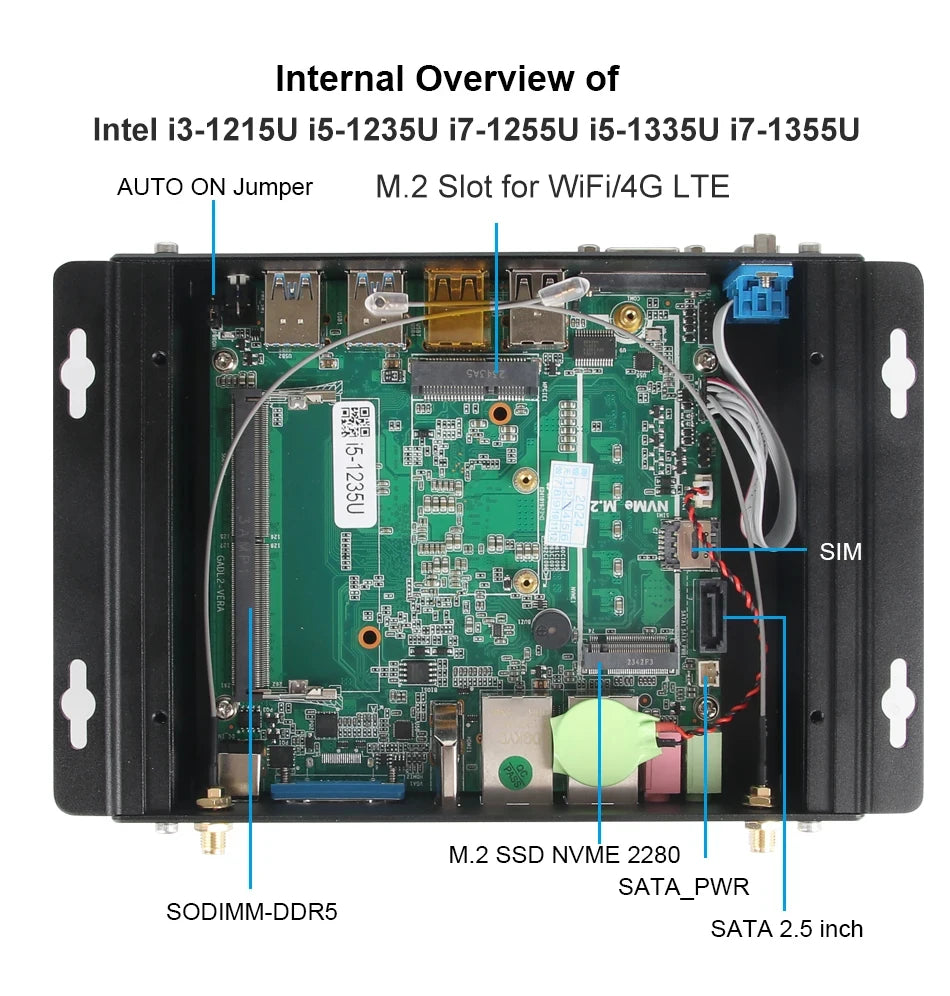 12th Gen Intel Core i5-1235U Fanless Industrial Mini PC 2x Gigabit LAN 2x COM RS232 8x USB Support WiFi 4G SIM LTE Windows Linux