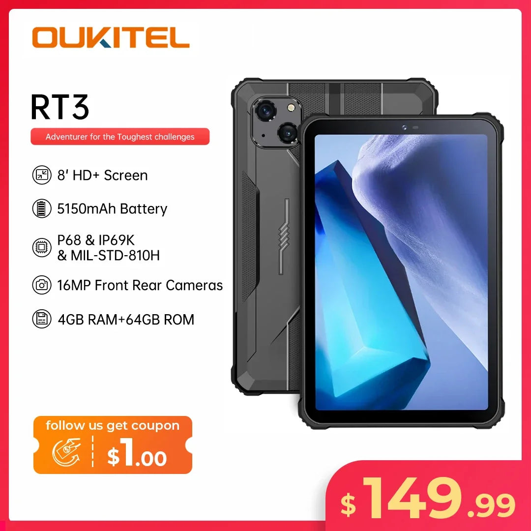 Oukitel RT3 Rugged Tablet 8 Inch HD+ 5150 mAh 4GB+64GB Android 12 Mtk Helio P22 16MP Camera Pad