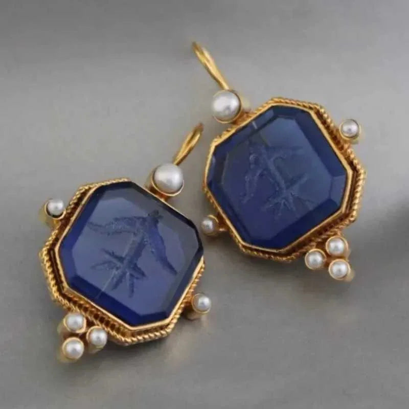 Gorgeous Inlaid with Blue Stones Imitation Pearl Earrings Gold Color Metal Carving Flower Dangle Earrings for Women Jewelry