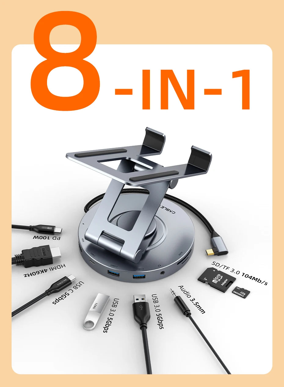CABLETIME 8 in 1 Multi USB C Hub with 360 Rotating Stand HDMI 4K 60Hz PD 100W USB 5Gbps SD TF Aux 3.5mm for iPad Pro Tablet C441