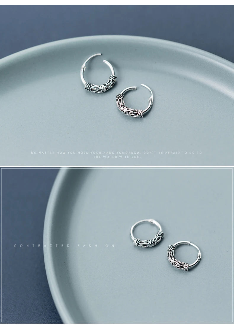 Modian Vintage Pattern Silver Hoop Earrings for Women Trendy Authentic 925 Sterling Silver Hoops Female Mode Bijoux Brincos