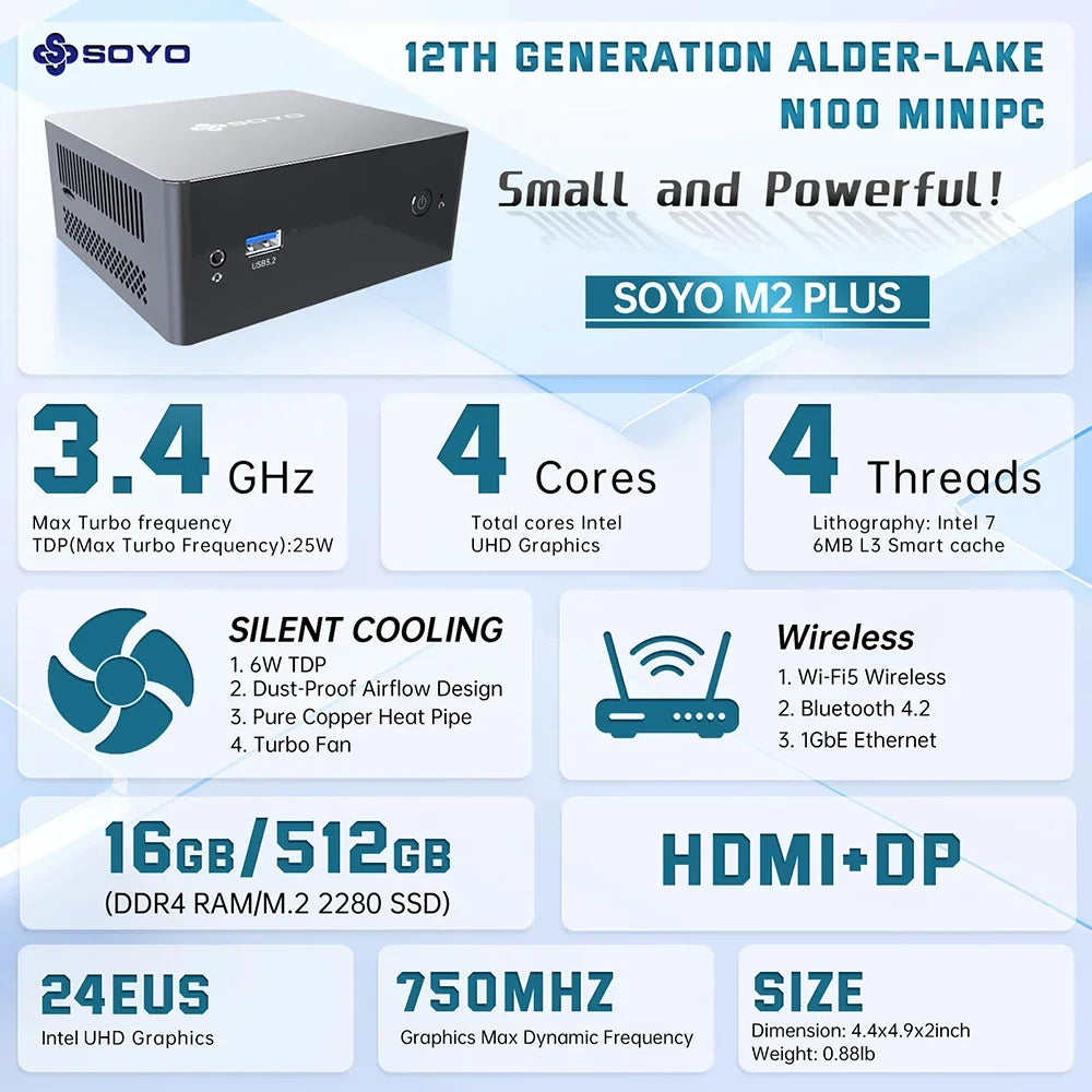SOYO M2 Plus Mini PC Intel Alder Lake N100 Windows11 Pro 8 DDR4 256 M.2 SSD WiFi5 BT5.0 USB3.2 Portable Mini Computer