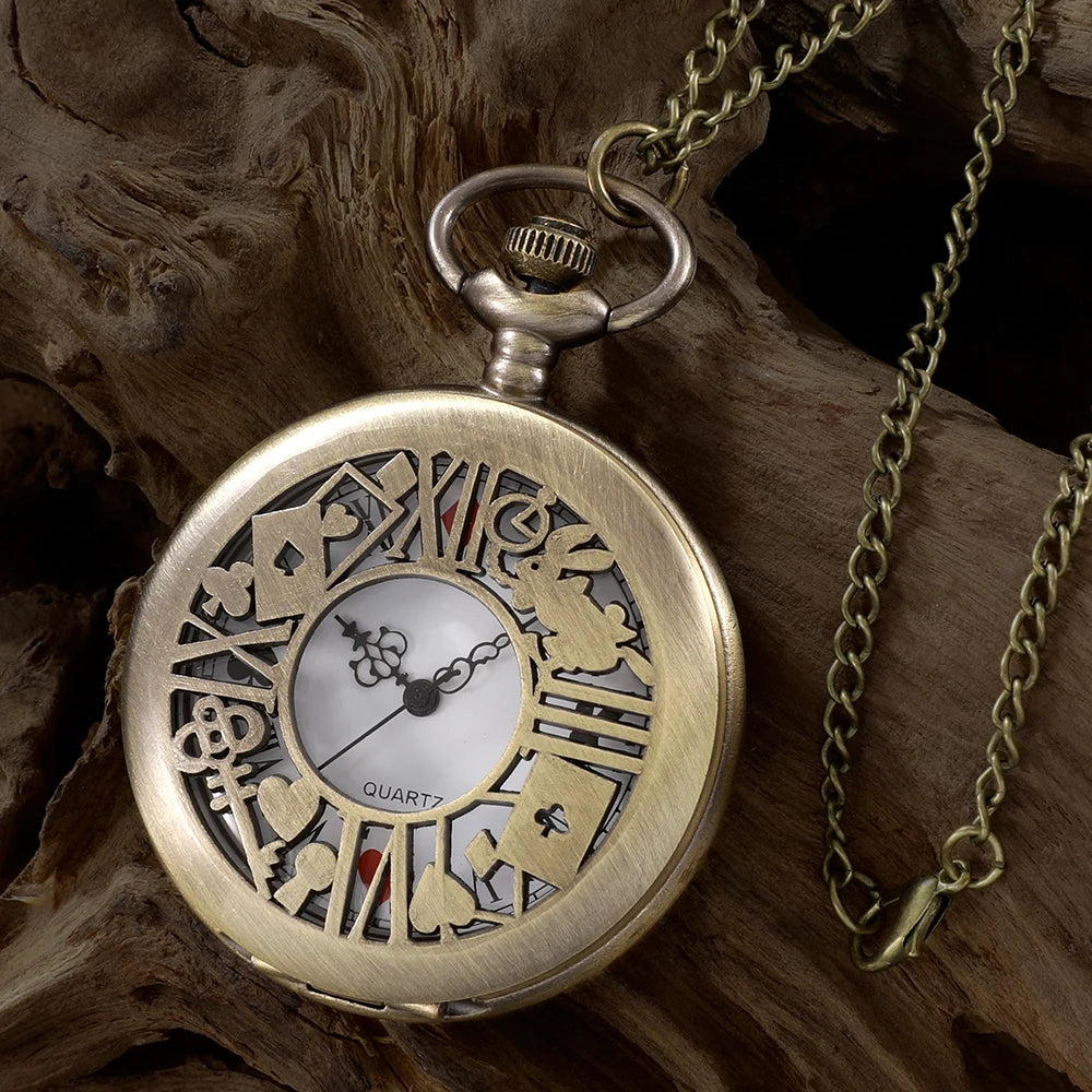 New Bronze Quartz Pocket Watch Retro Alice Theme Pocket Fob Watch Pendant Necklace Pocket Watch Men Womens Gift