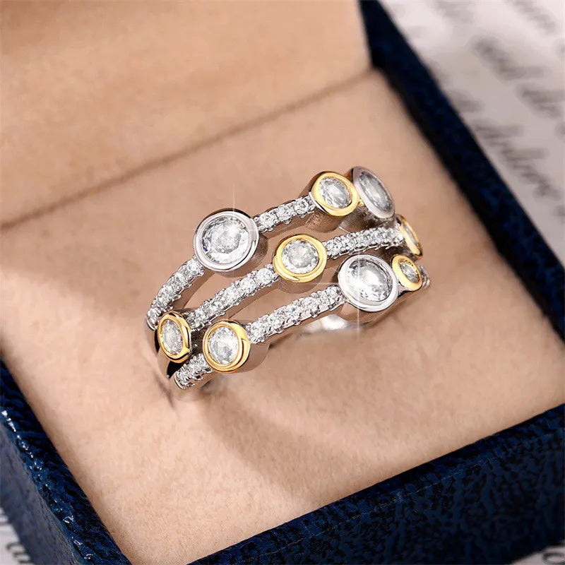 925 Sterling Silver Two Tone Three Line Rings Women Full Paved CZ Sparkling Female Wedding Bands Rings Fashion New Jewelry