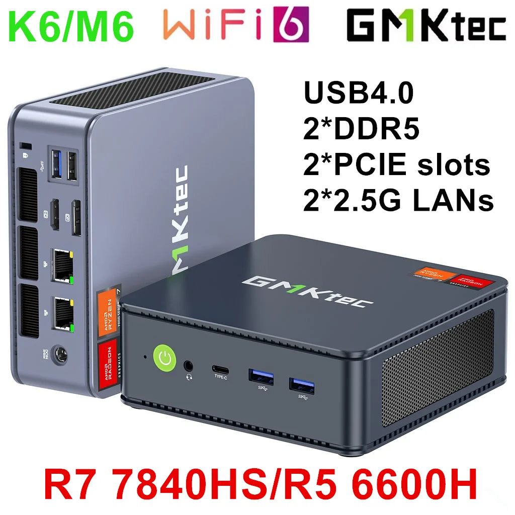 GMKtec Nucbox Mini PC Gamer K6 M6 AMD Ryzen 7 7840HS R5 6600H USB4 2*DDR5 2*PCIE 2*2.5G NUC Desktop Computer Windows 11 WiFi6E