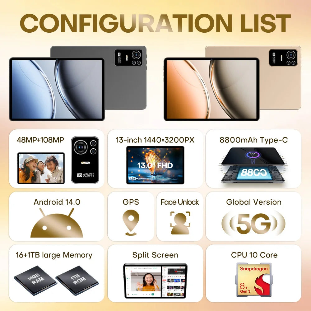 2025 Global Version Original Tablets Pad 8 Ultra Android 14 16GB+1T 8800mAh 5G Dual SIM Card WiFi GPS 13inch HD 4K Mi Tablet