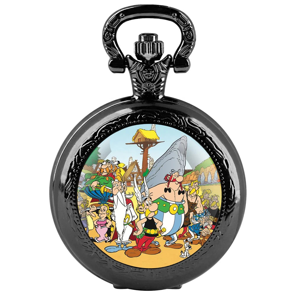 Asterix Design Glass Dome Unisex Arabic Numerals Dial Quartz Pocket Watch Women Man Necklace Pendant Accessory with Chain Gift