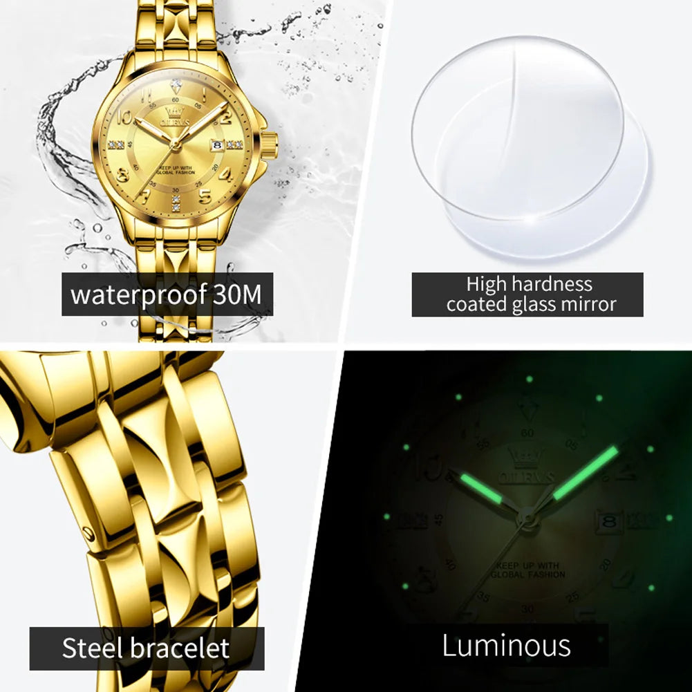 OLEVS 2910 Watch For Men Women Luxury Quartz Couple Watches Waterproof Stainless Steel Hand Clock Diamond Number Dial Wristwatch