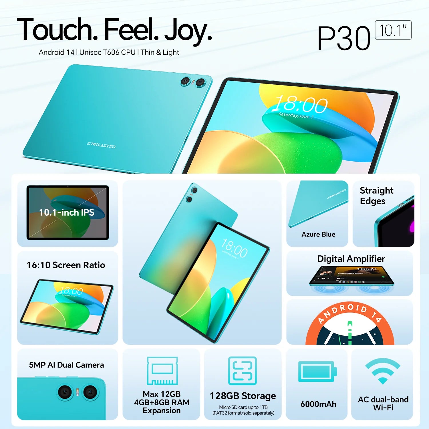 Teclast P30 Android 14 Tablet 10.1" IPS, Max 12GB RAM (4GB+8GB Expansion), 128GB ROM, UNISOC T606, Dual Cameras, Face Unlock